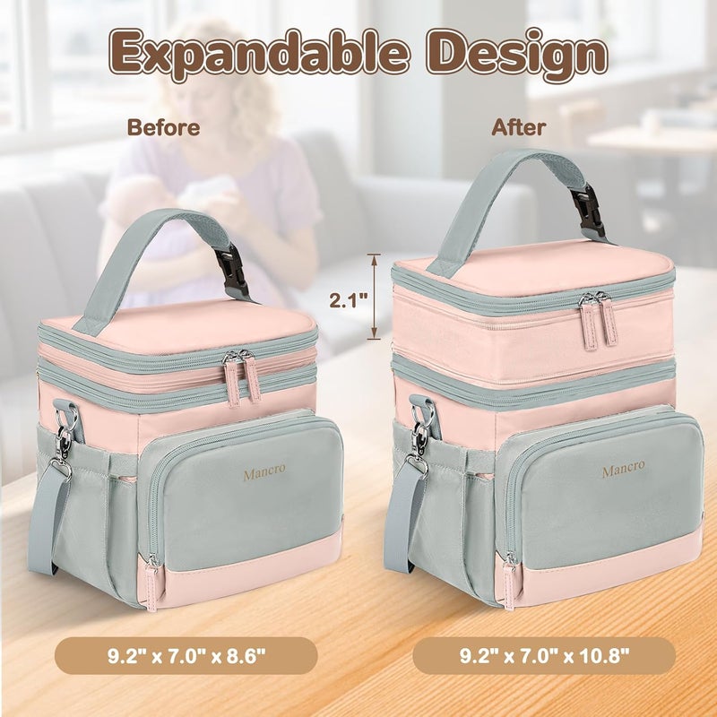Mancro Expandable Breastmilk Cooler Bag Fits 6 Bottles Up to 9 Oz, Double Layer Breast Milk Travel Bag with Ice Pack, Wearable Breast Pump Bag with Stroller Straps for Nursing Moms, Pink and Grey - Image 2